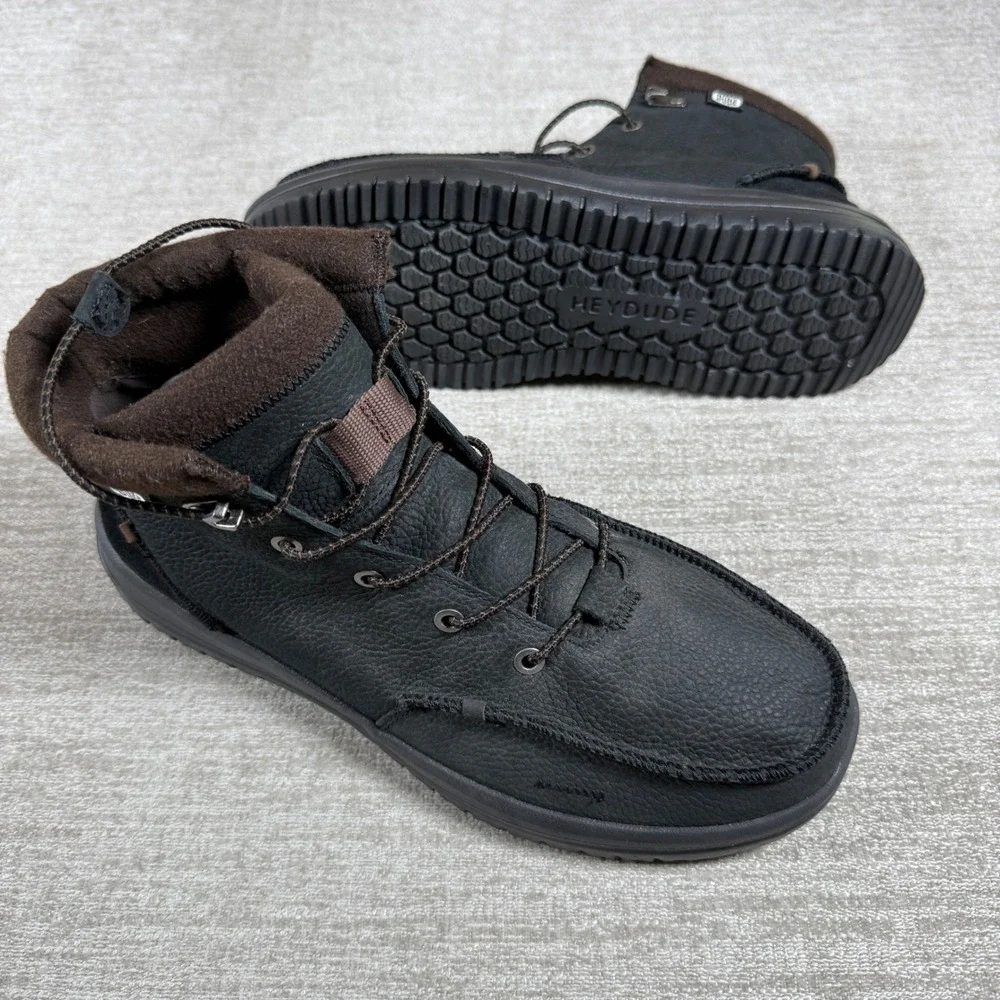 Hey Dude Mens 11 Bradley Boot Leather Black Wool Lining Moc Toe Chukka Boots
